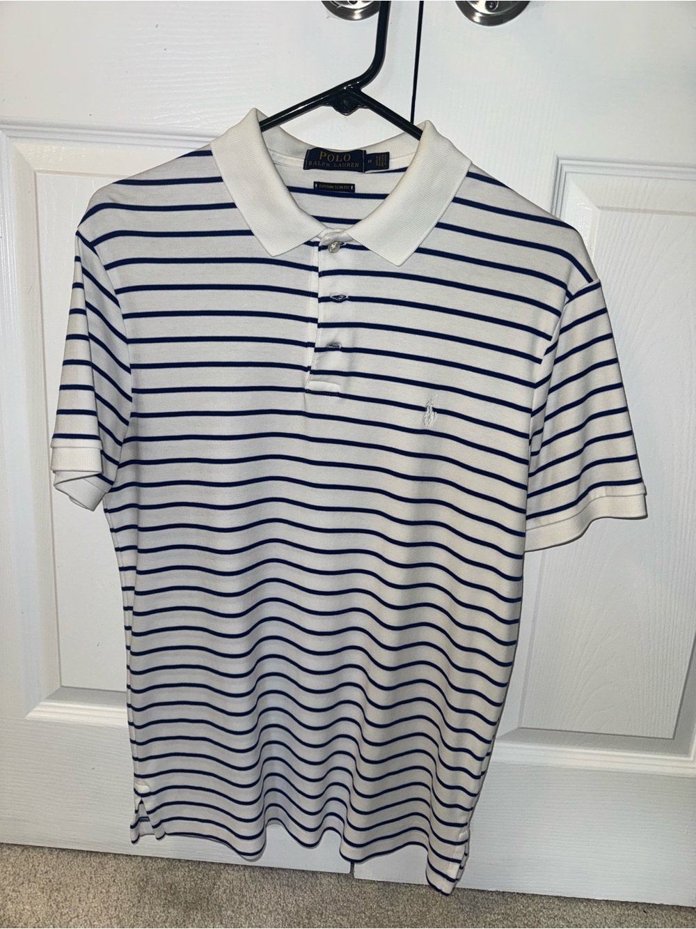 Polo Ralph Lauren Custom Slim Fit White Navy Striped Polo Shirt Men’s Medium